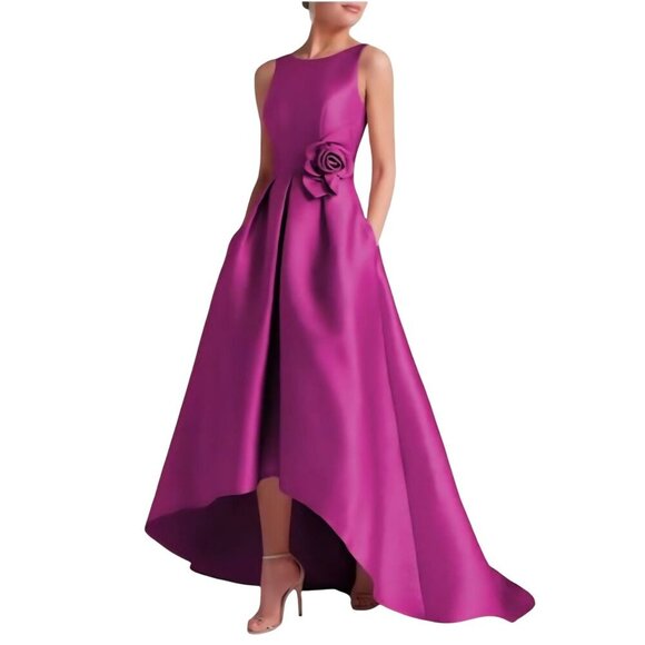 Miss Veil NWT Stunning Fuscia Crewneck Sleeveless High Low Satin Gown Size M - Picture 1 of 7